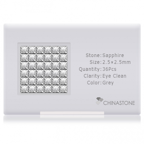 A perfectly calibrated lot of 36 high-precision cut natural sapphire gemstones, which are secured in a purpose-built box and accompanied by a Certificate of Authenticity. Each square shaped stone on average weighs 0.094 carat, measuring 2.5mm in length, 2.5mm in width and 1.62mm in depth, and features an exceptional princess cut and finish, along with an absolute minimum variance of color difference.