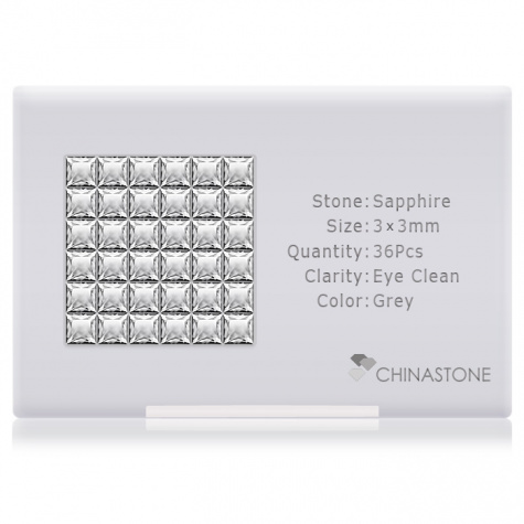 A perfectly calibrated lot of 36 high-precision cut natural sapphire gemstones, which are secured in a purpose-built box and accompanied by a Certificate of Authenticity. Each square shaped stone on average weighs 0.168 carat, measuring 3mm in length, 3mm in width and 1.95mm in depth, and features an exceptional princess cut and finish, along with an absolute minimum variance of color difference.