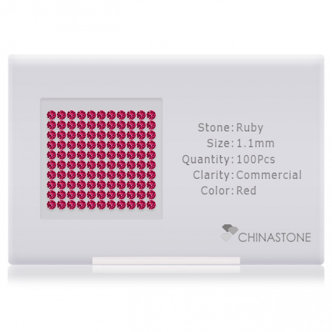 A perfectly calibrated lot of 100 high-precision cut natural ruby gemstones, which are secured in a purpose-built box and accompanied by a Certificate of Authenticity. Each round shaped stone on average weighs 0.007 carat, measuring 1.1mm in length, 1.1mm in width and 0.71mm in depth, and features an exceptional brilliant cut and finish, along with an absolute minimum variance of color difference.