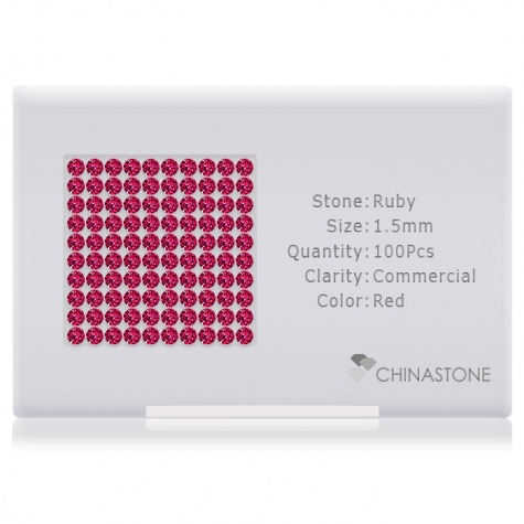 A perfectly calibrated lot of 100 high-precision cut natural ruby gemstones, which are secured in a purpose-built box and accompanied by a Certificate of Authenticity. Each round shaped stone on average weighs 0.015 carat, measuring 1.5mm in length, 1.5mm in width and 0.97mm in depth, and features an exceptional brilliant cut and finish, along with an absolute minimum variance of color difference.