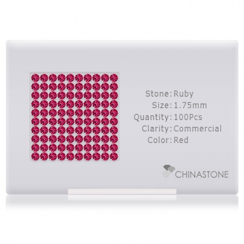 A perfectly calibrated lot of 100 high-precision cut natural ruby gemstones, which are secured in a purpose-built box and accompanied by a Certificate of Authenticity. Each round shaped stone on average weighs 0.024 carat, measuring 1.75mm in length, 1.75mm in width and 1.14mm in depth, and features an exceptional brilliant cut and finish, along with an absolute minimum variance of color difference.