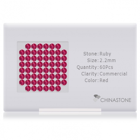 A perfectly calibrated lot of 60 high-precision cut natural ruby gemstones, which are secured in a purpose-built box and accompanied by a Certificate of Authenticity. Each round shaped stone on average weighs 0.056 carat, measuring 2.2mm in length, 2.2mm in width and 1.43mm in depth, and features an exceptional brilliant cut and finish, along with an absolute minimum variance of color difference.