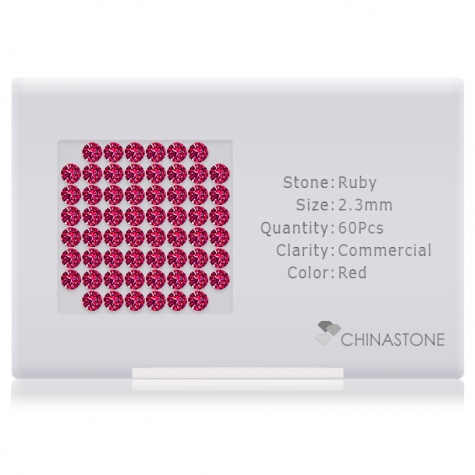 A perfectly calibrated lot of 60 high-precision cut natural ruby gemstones, which are secured in a purpose-built box and accompanied by a Certificate of Authenticity. Each round shaped stone on average weighs 0.063 carat, measuring 2.3mm in length, 2.3mm in width and 1.5mm in depth, and features an exceptional brilliant cut and finish, along with an absolute minimum variance of color difference.