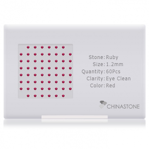 A perfectly calibrated lot of 60 high-precision cut natural ruby gemstones, which are secured in a purpose-built box and accompanied by a Certificate of Authenticity. Each round shaped stone on average weighs 0.012 carat, measuring 1.2mm in length, 1.2mm in width and 0.78mm in depth, and features an exceptional cabochon cut and finish, along with an absolute minimum variance of color difference.