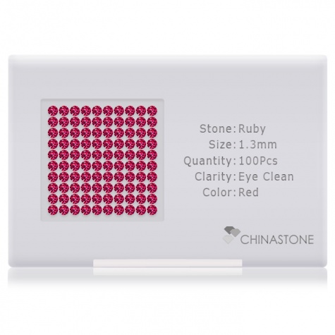 A perfectly calibrated lot of 100 high-precision cut natural ruby gemstones, which are secured in a purpose-built box and accompanied by a Certificate of Authenticity. Each round shaped stone on average weighs 0.011 carat, measuring 1.3mm in length, 1.3mm in width and 0.84mm in depth, and features an exceptional brilliant cut and finish, along with an absolute minimum variance of color difference.
