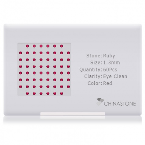 A perfectly calibrated lot of 60 high-precision cut natural ruby gemstones, which are secured in a purpose-built box and accompanied by a Certificate of Authenticity. Each round shaped stone on average weighs 0.013 carat, measuring 1.3mm in length, 1.3mm in width and 0.845mm in depth, and features an exceptional cabochon cut and finish, along with an absolute minimum variance of color difference.