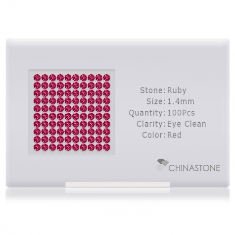 A perfectly calibrated lot of 100 high-precision cut natural ruby gemstones, which are secured in a purpose-built box and accompanied by a Certificate of Authenticity. Each round shaped stone on average weighs 0.014 carat, measuring 1.4mm in length, 1.4mm in width and 0.91mm in depth, and features an exceptional brilliant cut and finish, along with an absolute minimum variance of color difference.
