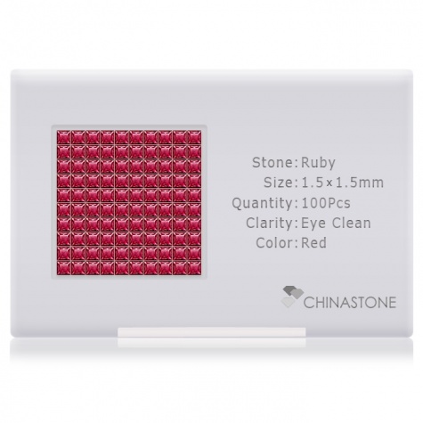 A perfectly calibrated lot of 100 high-precision cut natural ruby gemstones, which are secured in a purpose-built box and accompanied by a Certificate of Authenticity. Each square shaped stone on average weighs 0.02 carat, measuring 1.5mm in length, 1.5mm in width and 1.02mm in depth, and features an exceptional princess cut and finish, along with an absolute minimum variance of color difference.