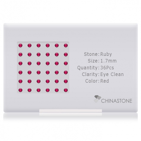 A perfectly calibrated lot of 36 high-precision cut natural ruby gemstones, which are secured in a purpose-built box and accompanied by a Certificate of Authenticity. Each round shaped stone on average weighs 0.03 carat, measuring 1.7mm in length, 1.7mm in width and 1.105mm in depth, and features an exceptional cabochon cut and finish, along with an absolute minimum variance of color difference.