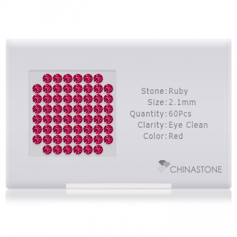 A perfectly calibrated lot of 60 high-precision cut natural ruby gemstones, which are secured in a purpose-built box and accompanied by a Certificate of Authenticity. Each round shaped stone on average weighs 0.045 carat, measuring 2.1mm in length, 2.1mm in width and 1.36mm in depth, and features an exceptional brilliant cut and finish, along with an absolute minimum variance of color difference.