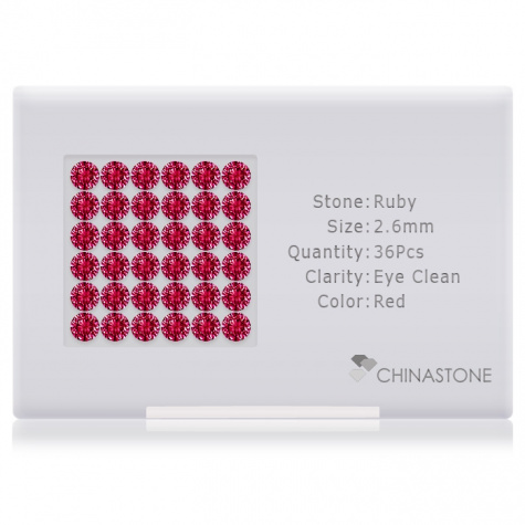 A perfectly calibrated lot of 36 high-precision cut natural ruby gemstones, which are secured in a purpose-built box and accompanied by a Certificate of Authenticity. Each round shaped stone on average weighs 0.091 carat, measuring 2.6mm in length, 2.6mm in width and 1.69mm in depth, and features an exceptional brilliant cut and finish, along with an absolute minimum variance of color difference.