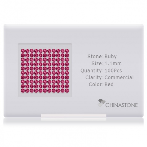 A perfectly calibrated lot of 100 high-precision cut natural ruby gemstones, which are secured in a purpose-built box and accompanied by a Certificate of Authenticity. Each round shaped stone on average weighs 0.007 carat, measuring 1.1mm in length, 1.1mm in width and 0.715mm in depth, and features an exceptional brilliant cut and finish, along with an absolute minimum variance of color difference.