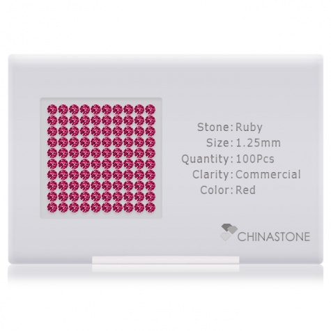 A perfectly calibrated lot of 100 high-precision cut natural ruby gemstones, which are secured in a purpose-built box and accompanied by a Certificate of Authenticity. Each round shaped stone on average weighs 0.01 carat, measuring 1.25mm in length, 1.25mm in width and 0.813mm in depth, and features an exceptional brilliant cut and finish, along with an absolute minimum variance of color difference.
