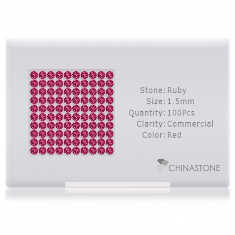A perfectly calibrated lot of 100 high-precision cut natural ruby gemstones, which are secured in a purpose-built box and accompanied by a Certificate of Authenticity. Each round shaped stone on average weighs 0.015 carat, measuring 1.5mm in length, 1.5mm in width and 0.975mm in depth, and features an exceptional brilliant cut and finish, along with an absolute minimum variance of color difference.