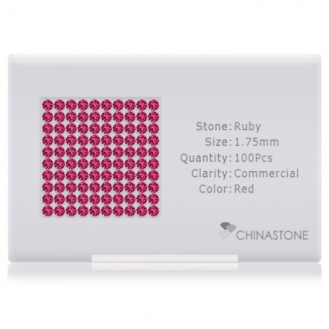 A perfectly calibrated lot of 100 high-precision cut natural ruby gemstones, which are secured in a purpose-built box and accompanied by a Certificate of Authenticity. Each round shaped stone on average weighs 0.024 carat, measuring 1.75mm in length, 1.75mm in width and 1.138mm in depth, and features an exceptional brilliant cut and finish, along with an absolute minimum variance of color difference.