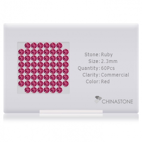 A perfectly calibrated lot of 60 high-precision cut natural ruby gemstones, which are secured in a purpose-built box and accompanied by a Certificate of Authenticity. Each round shaped stone on average weighs 0.063 carat, measuring 2.3mm in length, 2.3mm in width and 1.5mm in depth, and features an exceptional brilliant cut and finish, along with an absolute minimum variance of color difference.