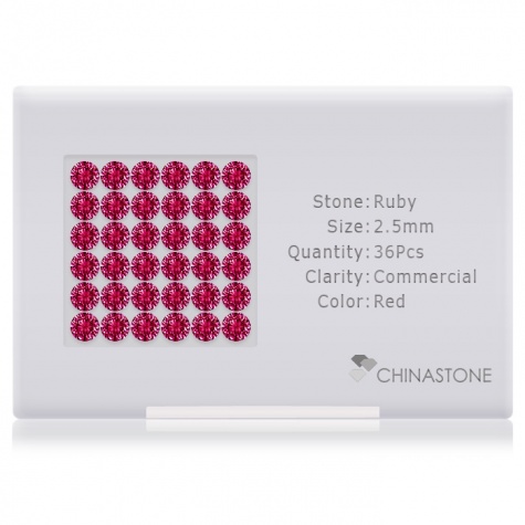 A perfectly calibrated lot of 36 high-precision cut natural ruby gemstones, which are secured in a purpose-built box and accompanied by a Certificate of Authenticity. Each round shaped stone on average weighs 0.083 carat, measuring 2.5mm in length, 2.5mm in width and 1.62mm in depth, and features an exceptional brilliant cut and finish, along with an absolute minimum variance of color difference.