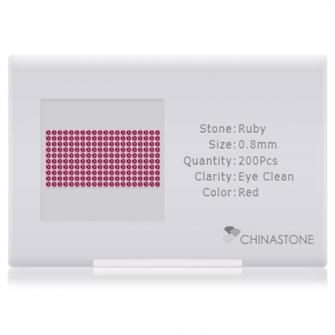A perfectly calibrated lot of 200 high-precision cut natural ruby gemstones, which are secured in a purpose-built box and accompanied by a Certificate of Authenticity. Each round shaped stone on average weighs 0.002 carat, measuring 0.8mm in length, 0.8mm in width and 0.52mm in depth, and features an exceptional brilliant cut and finish, along with an absolute minimum variance of color difference.