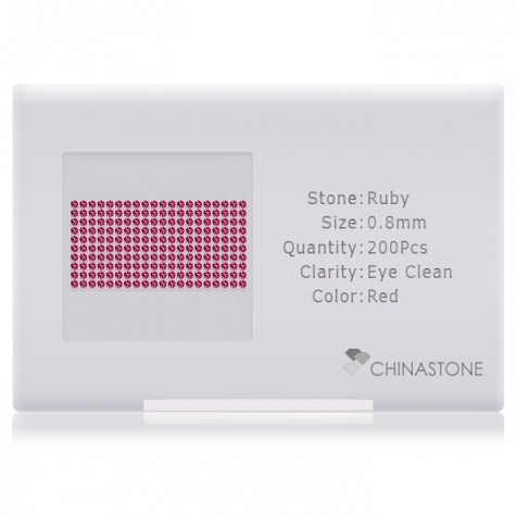 A perfectly calibrated lot of 200 high-precision cut natural ruby gemstones, which are secured in a purpose-built box and accompanied by a Certificate of Authenticity. Each round shaped stone on average weighs 0.002 carat, measuring 0.8mm in length, 0.8mm in width and 0.52mm in depth, and features an exceptional single cut and finish, along with an absolute minimum variance of color difference.