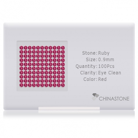 A perfectly calibrated lot of 100 high-precision cut natural ruby gemstones, which are secured in a purpose-built box and accompanied by a Certificate of Authenticity. Each round shaped stone on average weighs 0.004 carat, measuring 0.9mm in length, 0.9mm in width and 0.585mm in depth, and features an exceptional brilliant cut and finish, along with an absolute minimum variance of color difference.