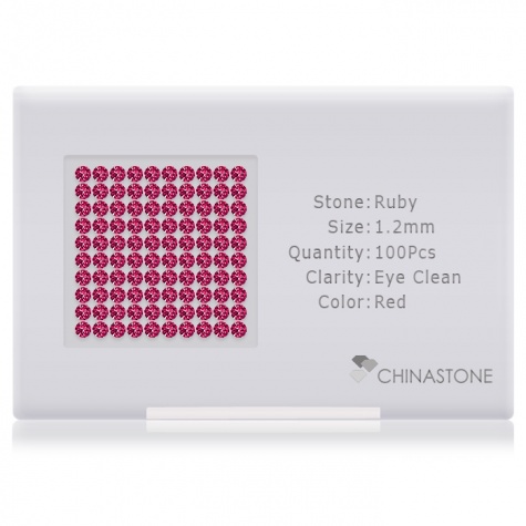 A perfectly calibrated lot of 100 high-precision cut natural ruby gemstones, which are secured in a purpose-built box and accompanied by a Certificate of Authenticity. Each round shaped stone on average weighs 0.01 carat, measuring 1.2mm in length, 1.2mm in width and 0.78mm in depth, and features an exceptional brilliant cut and finish, along with an absolute minimum variance of color difference.