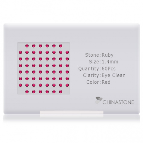 A perfectly calibrated lot of 60 high-precision cut natural ruby gemstones, which are secured in a purpose-built box and accompanied by a Certificate of Authenticity. Each round shaped stone on average weighs 0.017 carat, measuring 1.4mm in length, 1.4mm in width and 0.91mm in depth, and features an exceptional cabochon cut and finish, along with an absolute minimum variance of color difference.