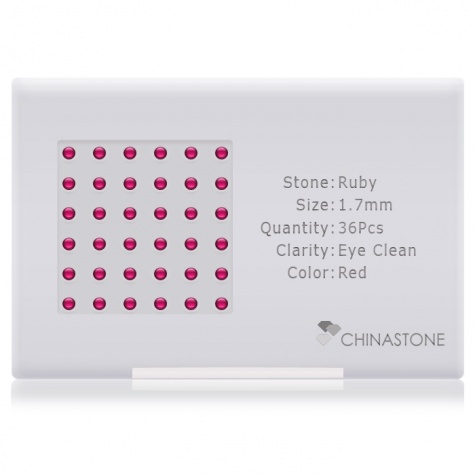 A perfectly calibrated lot of 36 high-precision cut natural ruby gemstones, which are secured in a purpose-built box and accompanied by a Certificate of Authenticity. Each round shaped stone on average weighs 0.03 carat, measuring 1.7mm in length, 1.7mm in width and 1.105mm in depth, and features an exceptional cabochon cut and finish, along with an absolute minimum variance of color difference.