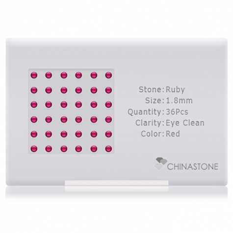 A perfectly calibrated lot of 36 high-precision cut natural ruby gemstones, which are secured in a purpose-built box and accompanied by a Certificate of Authenticity. Each round shaped stone on average weighs 0.035 carat, measuring 1.8mm in length, 1.8mm in width and 1.17mm in depth, and features an exceptional cabochon cut and finish, along with an absolute minimum variance of color difference.