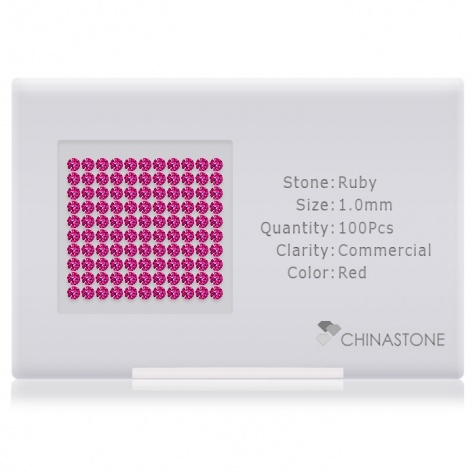 A perfectly calibrated lot of 100 high-precision cut natural ruby gemstones, which are secured in a purpose-built box and accompanied by a Certificate of Authenticity. Each round shaped stone on average weighs 0.006 carat, measuring 1mm in length, 1mm in width and 0.65mm in depth, and features an exceptional brilliant cut and finish, along with an absolute minimum variance of color difference.