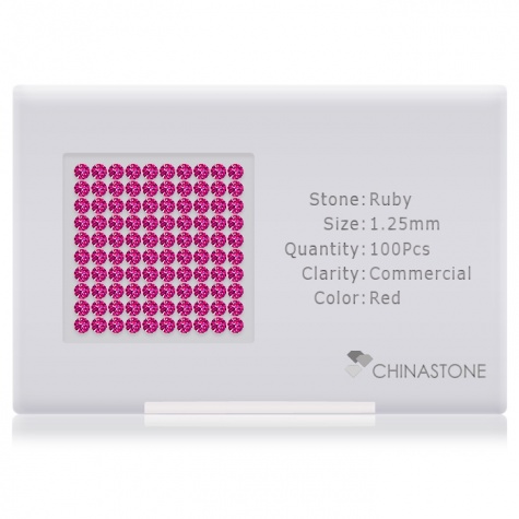 A perfectly calibrated lot of 100 high-precision cut natural ruby gemstones, which are secured in a purpose-built box and accompanied by a Certificate of Authenticity. Each round shaped stone on average weighs 0.01 carat, measuring 1.25mm in length, 1.25mm in width and 0.813mm in depth, and features an exceptional brilliant cut and finish, along with an absolute minimum variance of color difference.