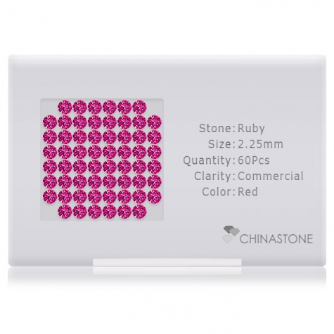 A perfectly calibrated lot of 60 high-precision cut natural ruby gemstones, which are secured in a purpose-built box and accompanied by a Certificate of Authenticity. Each round shaped stone on average weighs 0.059 carat, measuring 2.25mm in length, 2.25mm in width and 1.46mm in depth, and features an exceptional brilliant cut and finish, along with an absolute minimum variance of color difference.