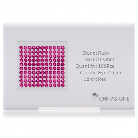 A perfectly calibrated lot of 100 high-precision cut natural ruby gemstones, which are secured in a purpose-built box and accompanied by a Certificate of Authenticity. Each round shaped stone on average weighs 0.004 carat, measuring 0.9mm in length, 0.9mm in width and 0.58mm in depth, and features an exceptional brilliant cut and finish, along with an absolute minimum variance of color difference.