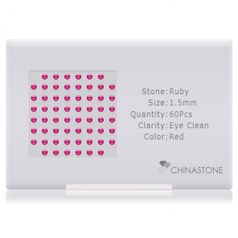 A perfectly calibrated lot of 60 high-precision cut natural ruby gemstones, which are secured in a purpose-built box and accompanied by a Certificate of Authenticity. Each round shaped stone on average weighs 0.02 carat, measuring 1.5mm in length, 1.5mm in width and 0.975mm in depth, and features an exceptional cabochon cut and finish, along with an absolute minimum variance of color difference.