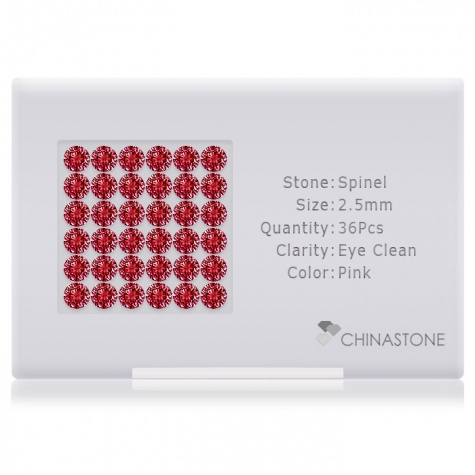 A perfectly calibrated lot of 36 high-precision cut natural spinel gemstones, which are secured in a purpose-built box and accompanied by a Certificate of Authenticity. Each round shaped stone on average weighs 0.083 carat, measuring 2.5mm in length, 2.5mm in width and 1.6mm in depth, and features an exceptional brilliant cut and finish, along with an absolute minimum variance of color difference.