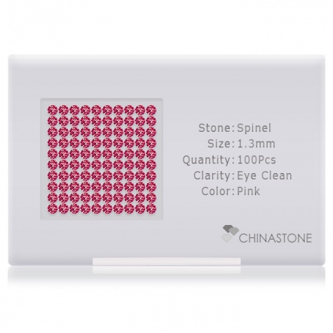 A perfectly calibrated lot of 100 high-precision cut natural spinel gemstones, which are secured in a purpose-built box and accompanied by a Certificate of Authenticity. Each round shaped stone on average weighs 0.011 carat, measuring 1.3mm in length, 1.3mm in width and 0.832mm in depth, and features an exceptional brilliant cut and finish, along with an absolute minimum variance of color difference.