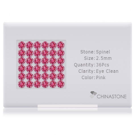 A perfectly calibrated lot of 36 high-precision cut natural spinel gemstones, which are secured in a purpose-built box and accompanied by a Certificate of Authenticity. Each round shaped stone on average weighs 0.083 carat, measuring 2.5mm in length, 2.5mm in width and 1.6mm in depth, and features an exceptional brilliant cut and finish, along with an absolute minimum variance of color difference.