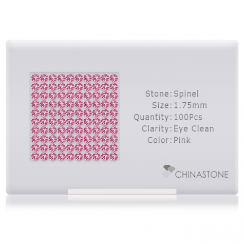 A perfectly calibrated lot of 100 high-precision cut natural spinel gemstones, which are secured in a purpose-built box and accompanied by a Certificate of Authenticity. Each round shaped stone on average weighs 0.024 carat, measuring 1.75mm in length, 1.75mm in width and 1.12mm in depth, and features an exceptional brilliant cut and finish, along with an absolute minimum variance of color difference.