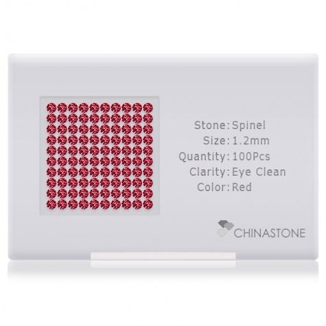 A perfectly calibrated lot of 100 high-precision cut natural spinel gemstones, which are secured in a purpose-built box and accompanied by a Certificate of Authenticity. Each round shaped stone on average weighs 0.01 carat, measuring 1.2mm in length, 1.2mm in width and 0.768mm in depth, and features an exceptional brilliant cut and finish, along with an absolute minimum variance of color difference.