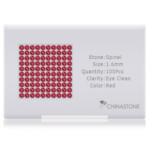 A perfectly calibrated lot of 100 high-precision cut natural spinel gemstones, which are secured in a purpose-built box and accompanied by a Certificate of Authenticity. Each round shaped stone on average weighs 0.018 carat, measuring 1.6mm in length, 1.6mm in width and 1.024mm in depth, and features an exceptional brilliant cut and finish, along with an absolute minimum variance of color difference.