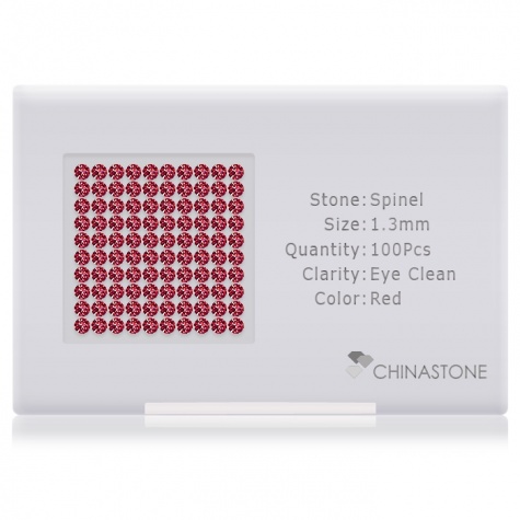 A perfectly calibrated lot of 100 high-precision cut natural spinel gemstones, which are secured in a purpose-built box and accompanied by a Certificate of Authenticity. Each round shaped stone on average weighs 0.011 carat, measuring 1.3mm in length, 1.3mm in width and 0.832mm in depth, and features an exceptional brilliant cut and finish, along with an absolute minimum variance of color difference.