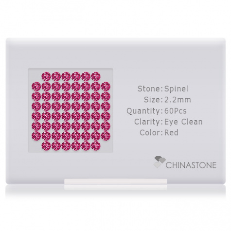 A perfectly calibrated lot of 60 high-precision cut natural spinel gemstones, which are secured in a purpose-built box and accompanied by a Certificate of Authenticity. Each round shaped stone on average weighs 0.056 carat, measuring 2.2mm in length, 2.2mm in width and 1.408mm in depth, and features an exceptional brilliant cut and finish, along with an absolute minimum variance of color difference.