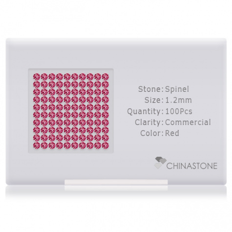 A perfectly calibrated lot of 100 high-precision cut natural spinel gemstones, which are secured in a purpose-built box and accompanied by a Certificate of Authenticity. Each round shaped stone on average weighs 0.01 carat, measuring 1.2mm in length, 1.2mm in width and 0.768mm in depth, and features an exceptional brilliant cut and finish, along with an absolute minimum variance of color difference.