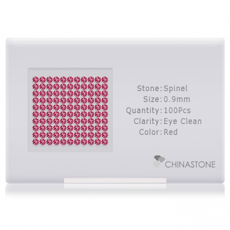 A perfectly calibrated lot of 100 high-precision cut natural spinel gemstones, which are secured in a purpose-built box and accompanied by a Certificate of Authenticity. Each round shaped stone on average weighs 0.004 carat, measuring 0.9mm in length, 0.9mm in width and 0.576mm in depth, and features an exceptional brilliant cut and finish, along with an absolute minimum variance of color difference.