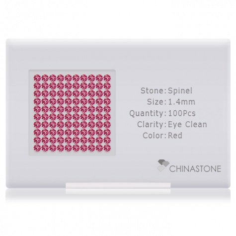 A perfectly calibrated lot of 100 high-precision cut natural spinel gemstones, which are secured in a purpose-built box and accompanied by a Certificate of Authenticity. Each round shaped stone on average weighs 0.014 carat, measuring 1.4mm in length, 1.4mm in width and 0.896mm in depth, and features an exceptional brilliant cut and finish, along with an absolute minimum variance of color difference.