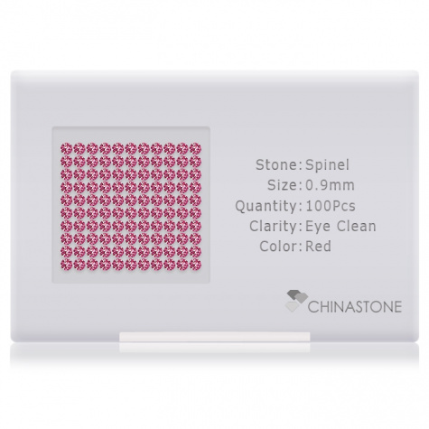 A perfectly calibrated lot of 100 high-precision cut natural spinel gemstones, which are secured in a purpose-built box and accompanied by a Certificate of Authenticity. Each round shaped stone on average weighs 0.004 carat, measuring 0.9mm in length, 0.9mm in width and 0.576mm in depth, and features an exceptional brilliant cut and finish, along with an absolute minimum variance of color difference.