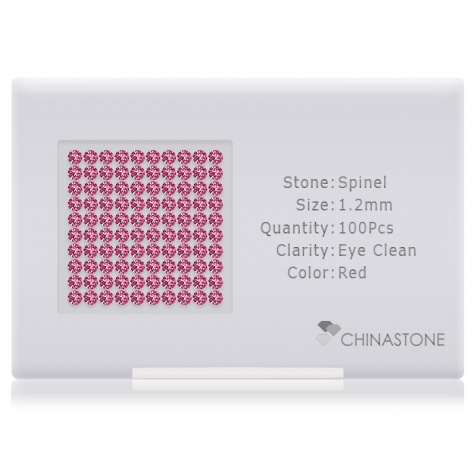 A perfectly calibrated lot of 100 high-precision cut natural spinel gemstones, which are secured in a purpose-built box and accompanied by a Certificate of Authenticity. Each round shaped stone on average weighs 0.01 carat, measuring 1.2mm in length, 1.2mm in width and 0.768mm in depth, and features an exceptional brilliant cut and finish, along with an absolute minimum variance of color difference.