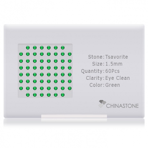 A perfectly calibrated lot of 60 high-precision cut natural grossular gemstones, which are secured in a purpose-built box and accompanied by a Certificate of Authenticity. Each round shaped stone on average weighs 0.02 carat, measuring 1.5mm in length, 1.5mm in width and 0.975mm in depth, and features an exceptional cabochon cut and finish, along with an absolute minimum variance of color difference.