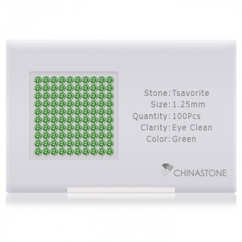 A perfectly calibrated lot of 100 high-precision cut natural grossular gemstones, which are secured in a purpose-built box and accompanied by a Certificate of Authenticity. Each round shaped stone on average weighs 0.01 carat, measuring 1.25mm in length, 1.25mm in width and 0.813mm in depth, and features an exceptional brilliant cut and finish, along with an absolute minimum variance of color difference.