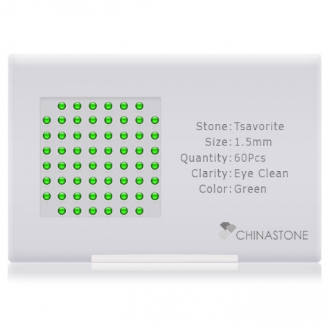 A perfectly calibrated lot of 60 high-precision cut natural grossular gemstones, which are secured in a purpose-built box and accompanied by a Certificate of Authenticity. Each round shaped stone on average weighs 0.02 carat, measuring 1.5mm in length, 1.5mm in width and 0.98mm in depth, and features an exceptional cabochon cut and finish, along with an absolute minimum variance of color difference.