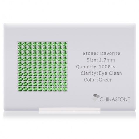 A perfectly calibrated lot of 100 high-precision cut natural grossular gemstones, which are secured in a purpose-built box and accompanied by a Certificate of Authenticity. Each round shaped stone on average weighs 0.022 carat, measuring 1.7mm in length, 1.7mm in width and 1.105mm in depth, and features an exceptional brilliant cut and finish, along with an absolute minimum variance of color difference.